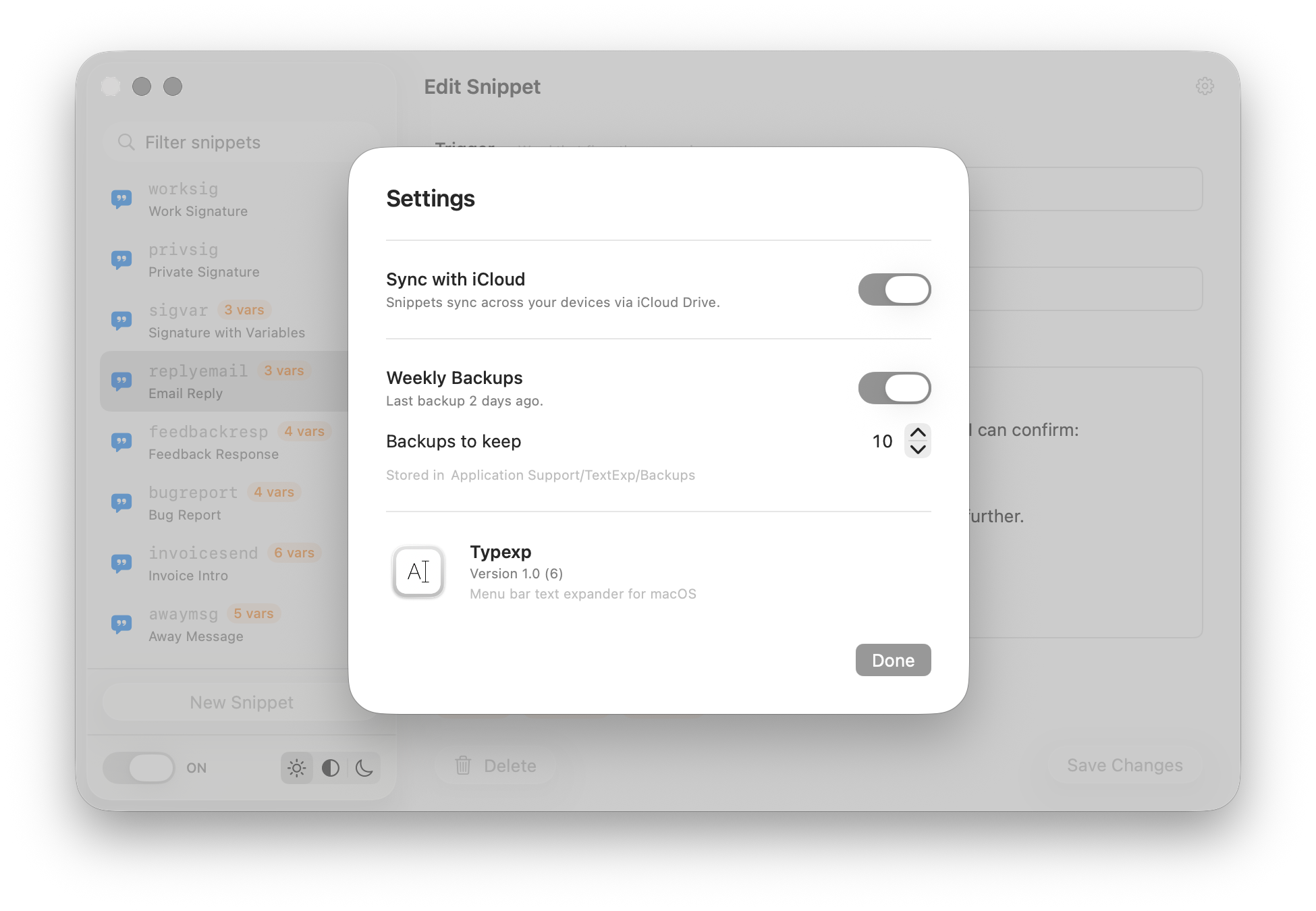 Typexp — iCloud sync and backups settings