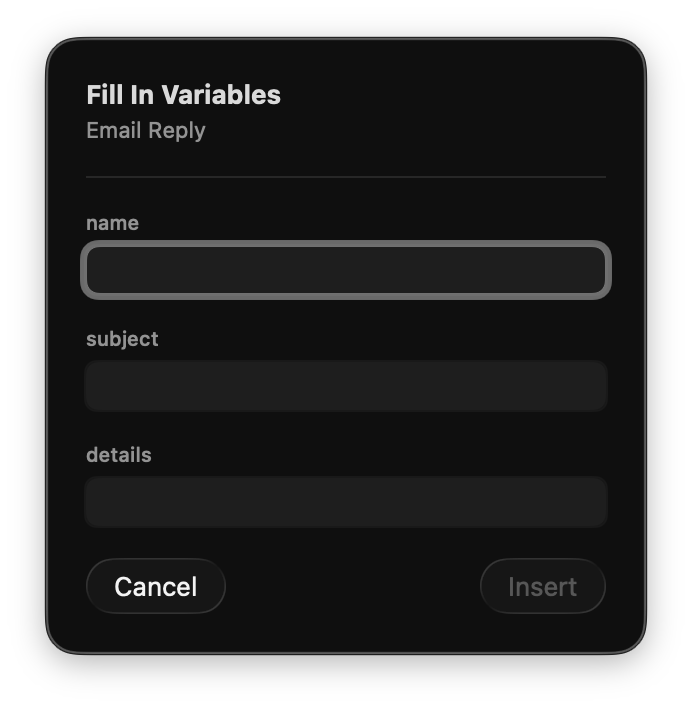 Fill In Variables panel